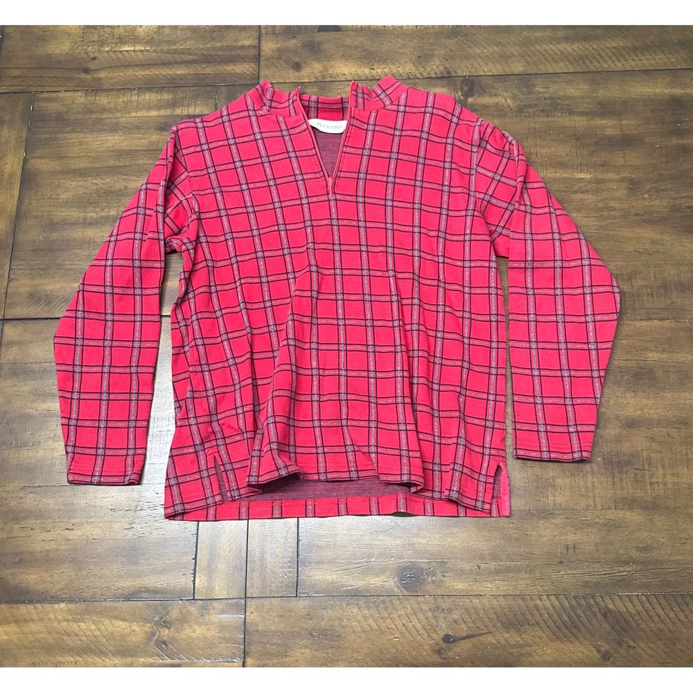 Bechamel Women Red Plaid Quarter Zip Mock Neck Cotton Long Sleeve Top‎ Size S